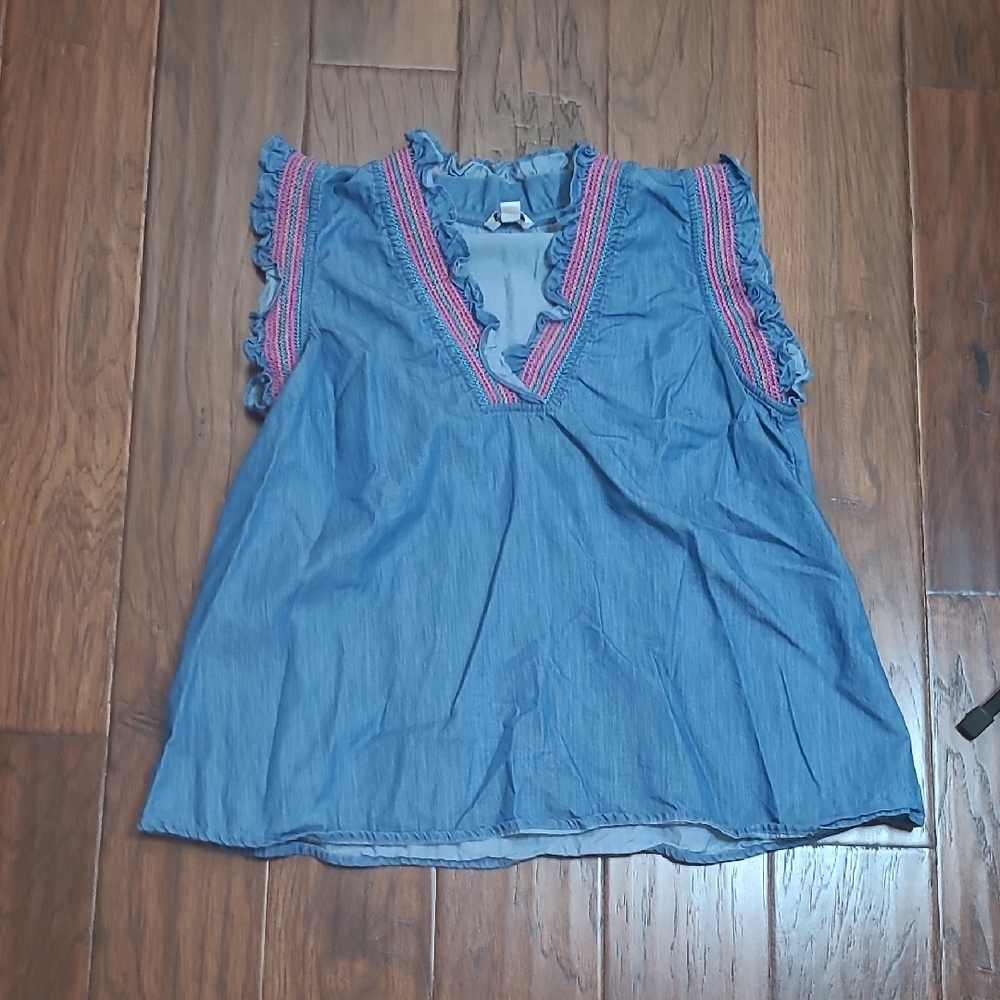 Crown & Ivy Chambray Sleeveless Top with Colorful Embroidered Striped Detail (M)
